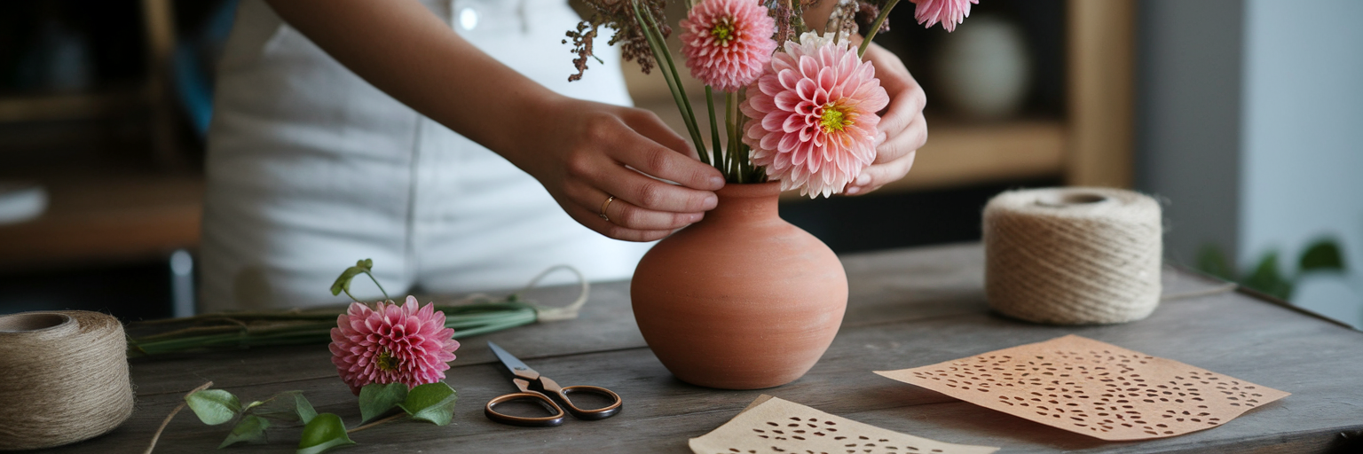 Manos arreglando centro de mesa floral DIY.