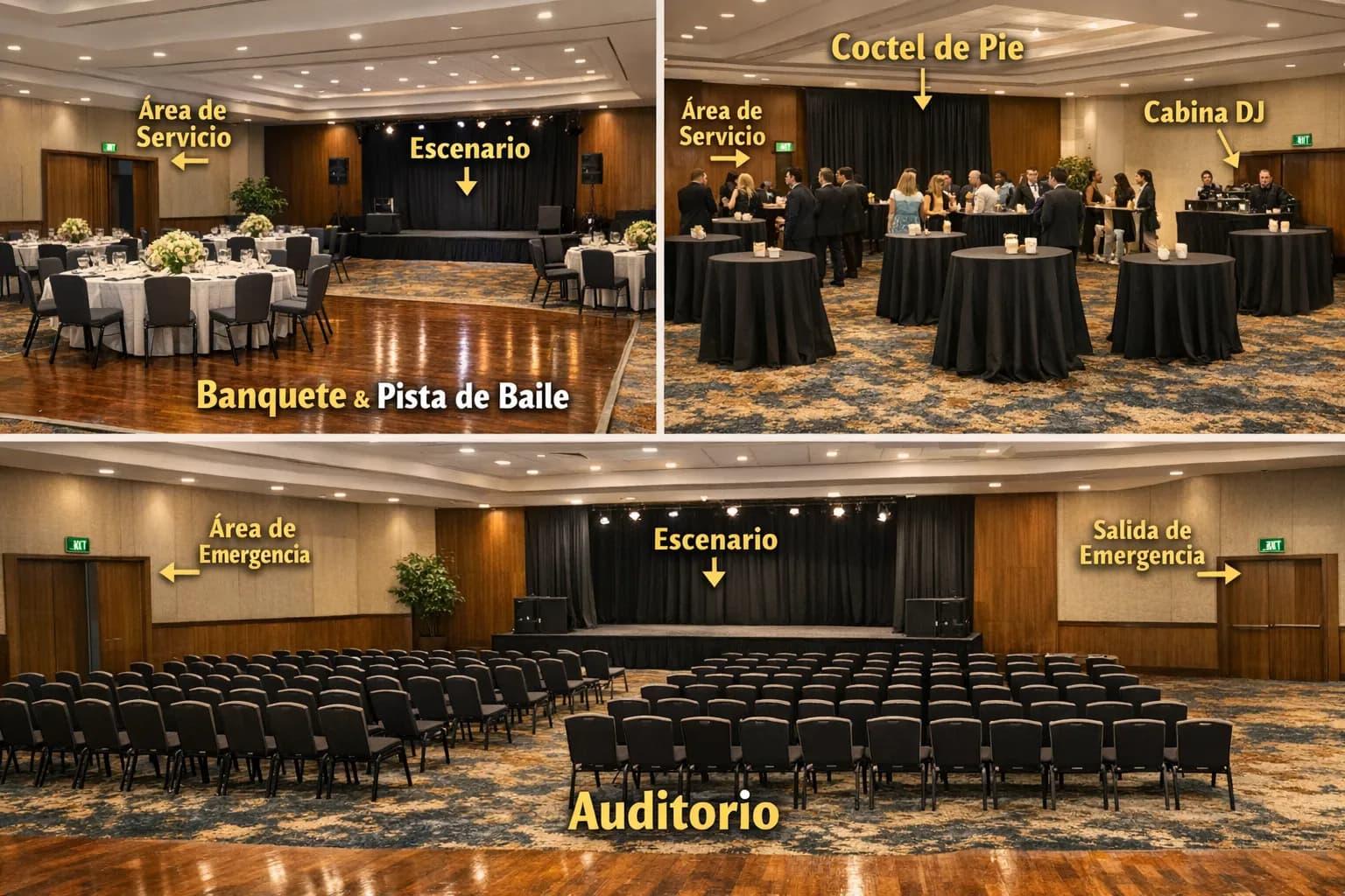Plano simple que muestra diferentes montajes en un salón de eventos: banquete con pista de baile, coctel de pie y auditorio; se señalan áreas de servicio, escenario, cabina de DJ y salidas de emergencia.