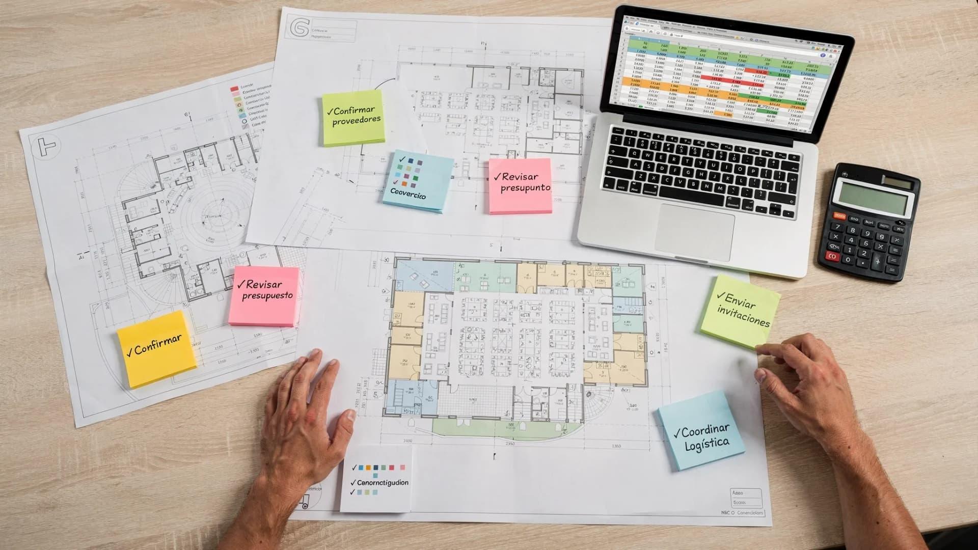 Mesa de planificación de eventos con planos impresos de un centro de convenciones, una laptop abierta con hojas de cálculo de presupuesto, una calculadora y notas adhesivas con tareas de checklist, vista cenital.