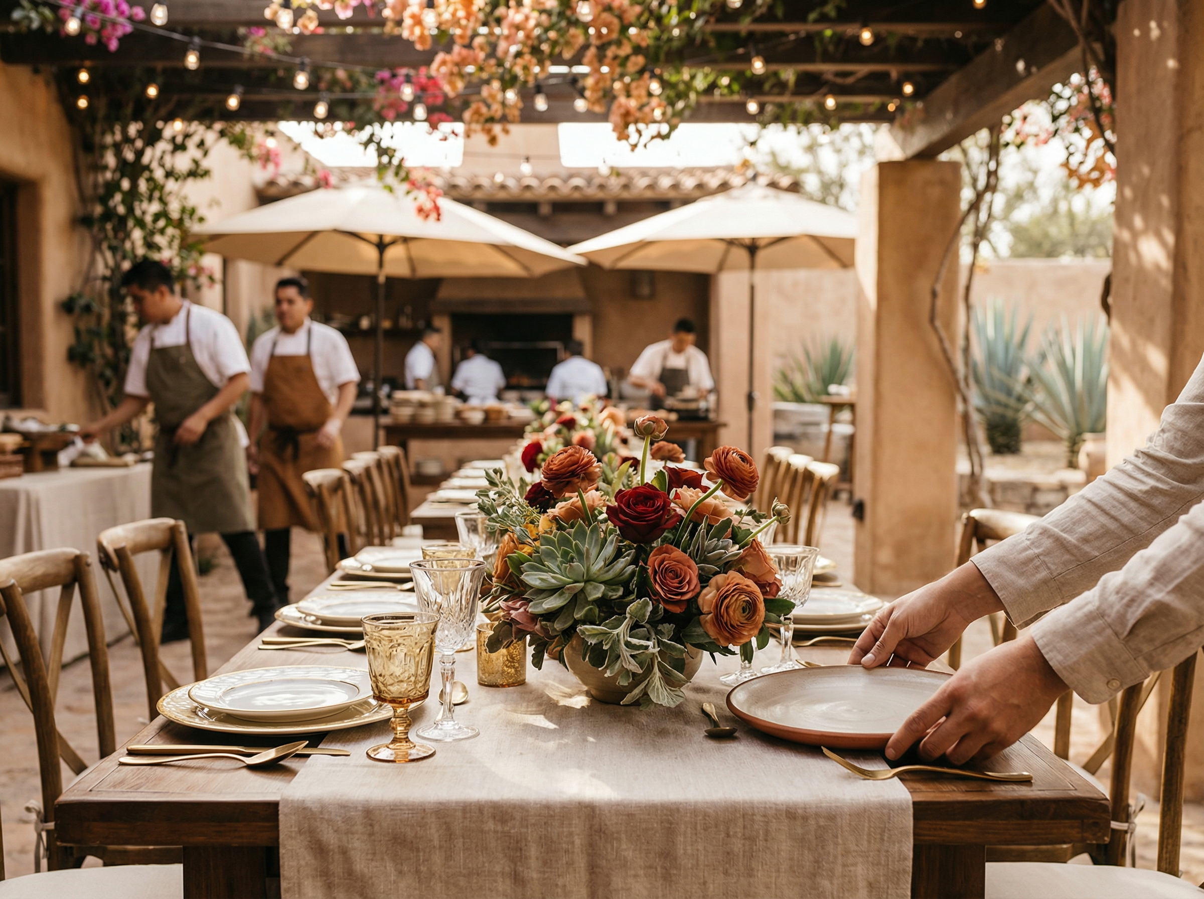 Mesa para eventos con servicio de catering y flores